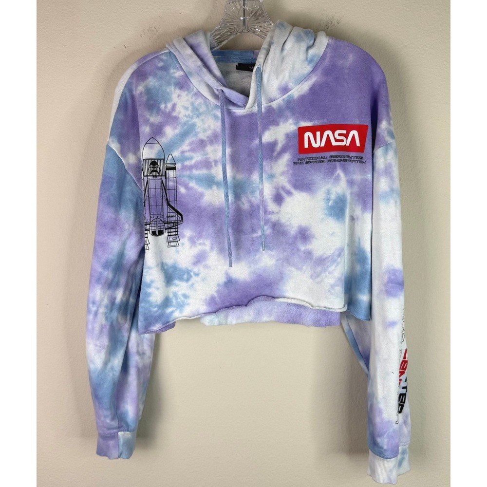 Hyper Space Hoodie Women Large NASA Kennedy Space Center Tie Dye Cropped Graphic
